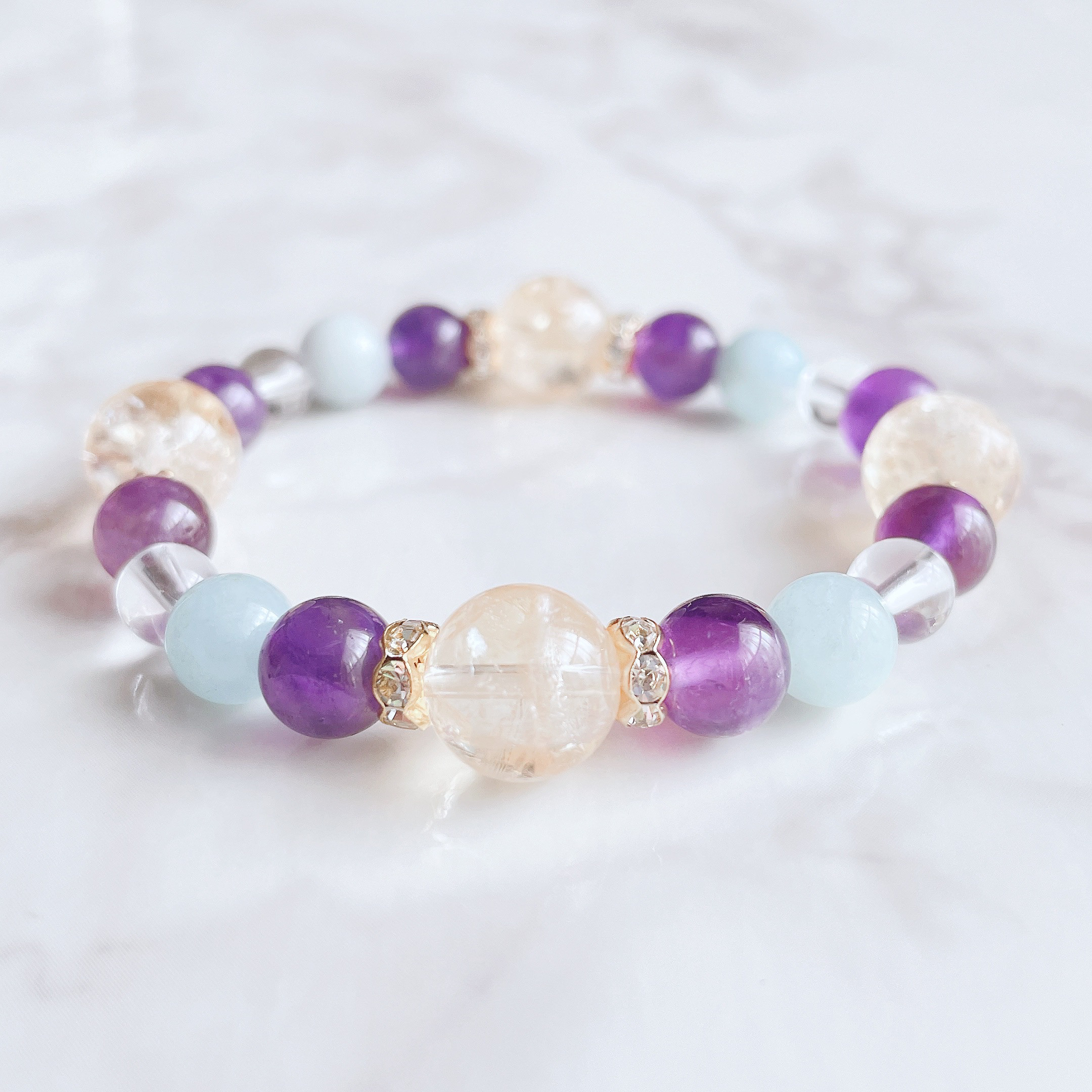 ✦感情の波を穏やかに整える 天然石ブレスレット｜シトリン・アメジスト・アクアマリン・水晶 No.487