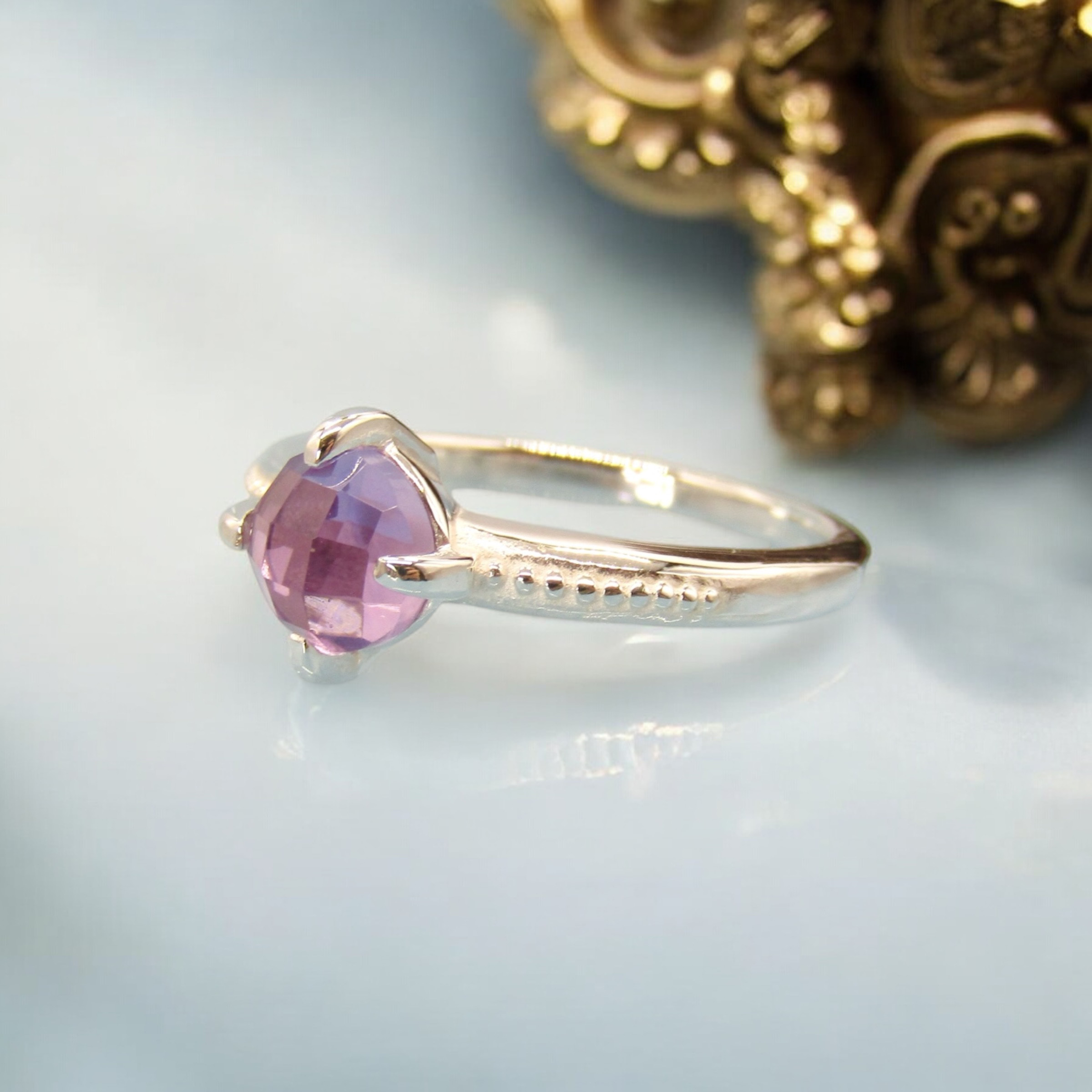 アメジスト × Silver950 格子柄カボションリング