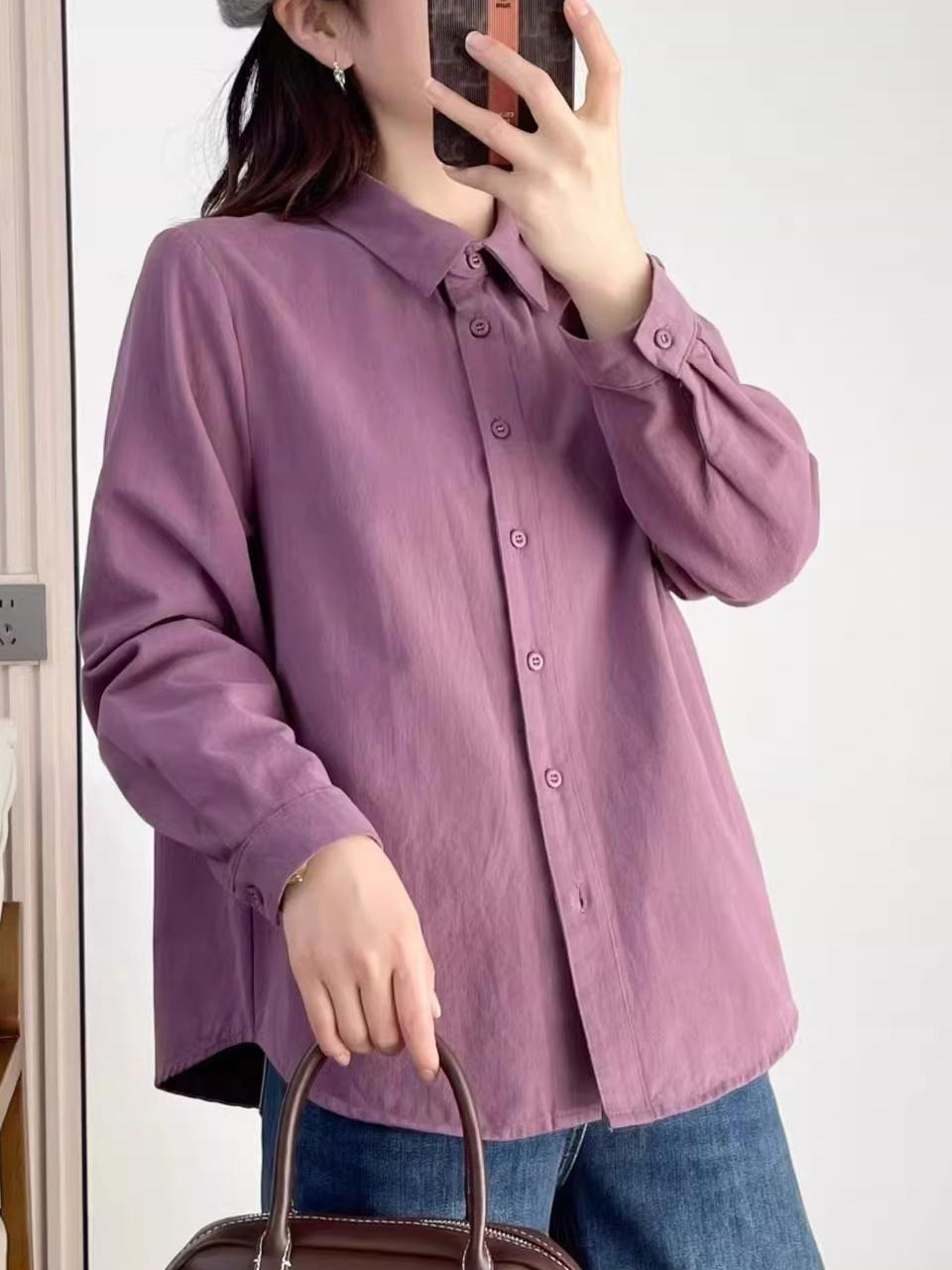 無地カラーシャツ レディース 長袖 シンプル カジュアル オーバーサイズ 春秋