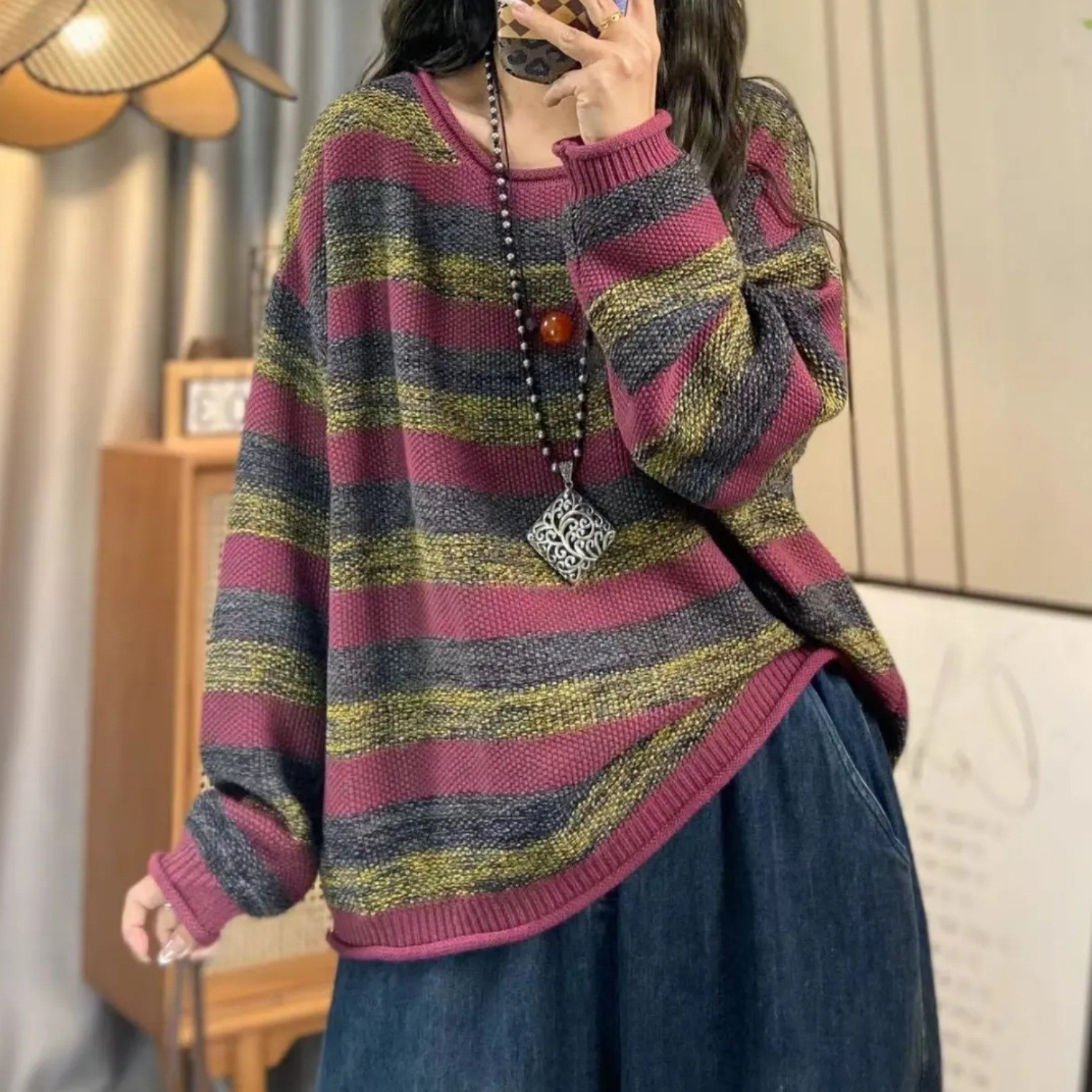 ボーダー柄ニットセーター レディース ゆったり カジュアル 秋冬