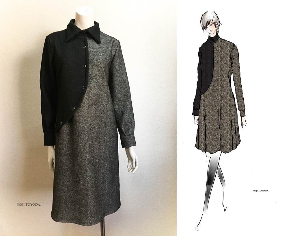 【1点もの・デザイン画付き】ツイル（ウール＆ポリ）生地アシメトリーワンピース（KOJI TOYODA）