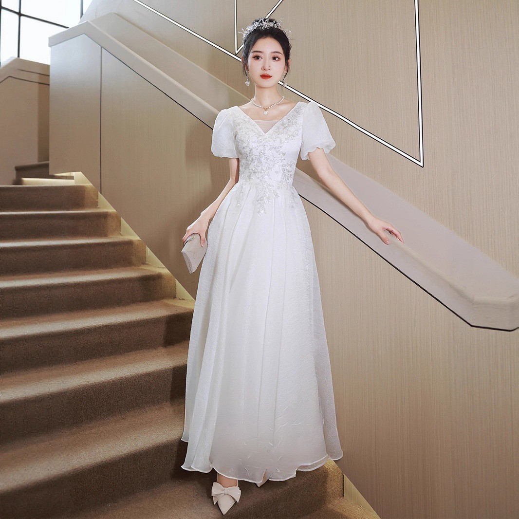 白 半袖 Vネック ロング カラードレス 韓国風 ウェディング パーティー 誕生日 演奏会 二次会 AK254