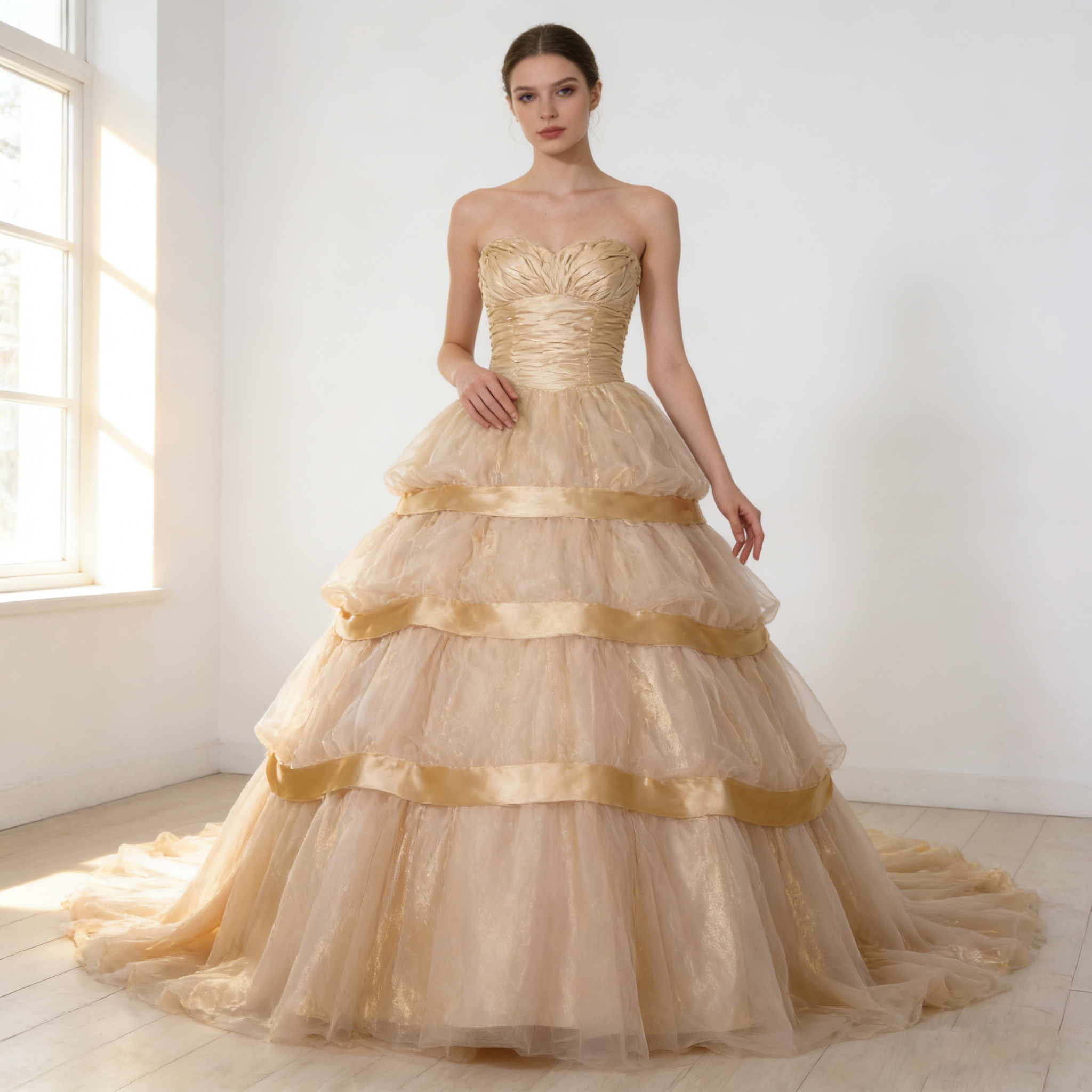 カラードレス  シャンパン色  ボリュームドレス ビスチェドレス  華やかなトレーン  花嫁  演奏会/音楽会