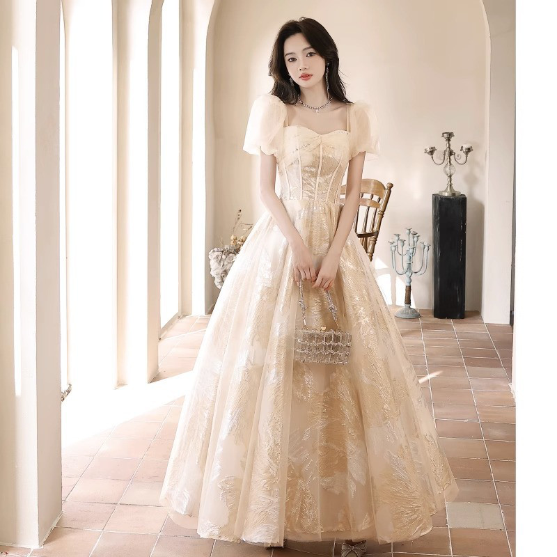 シャンパン色 パフスリーブ ロング カラードレス 韓国風 ウェディング パーティー 演奏会 二次会 AK258