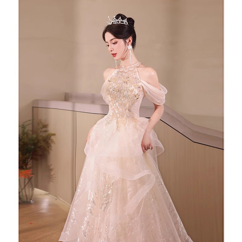 シャンパン色 きらきら ロング カラードレス 韓国風 プリンセス ウェディング パーティー 演奏会 二次会 AK260