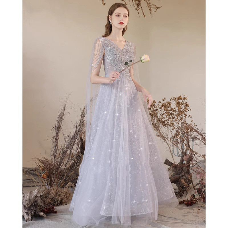 グレー Vネック きらきら ロング カラードレス 綺麗 韓国風 ウェディング パーティー 演奏会 二次会 AK261
