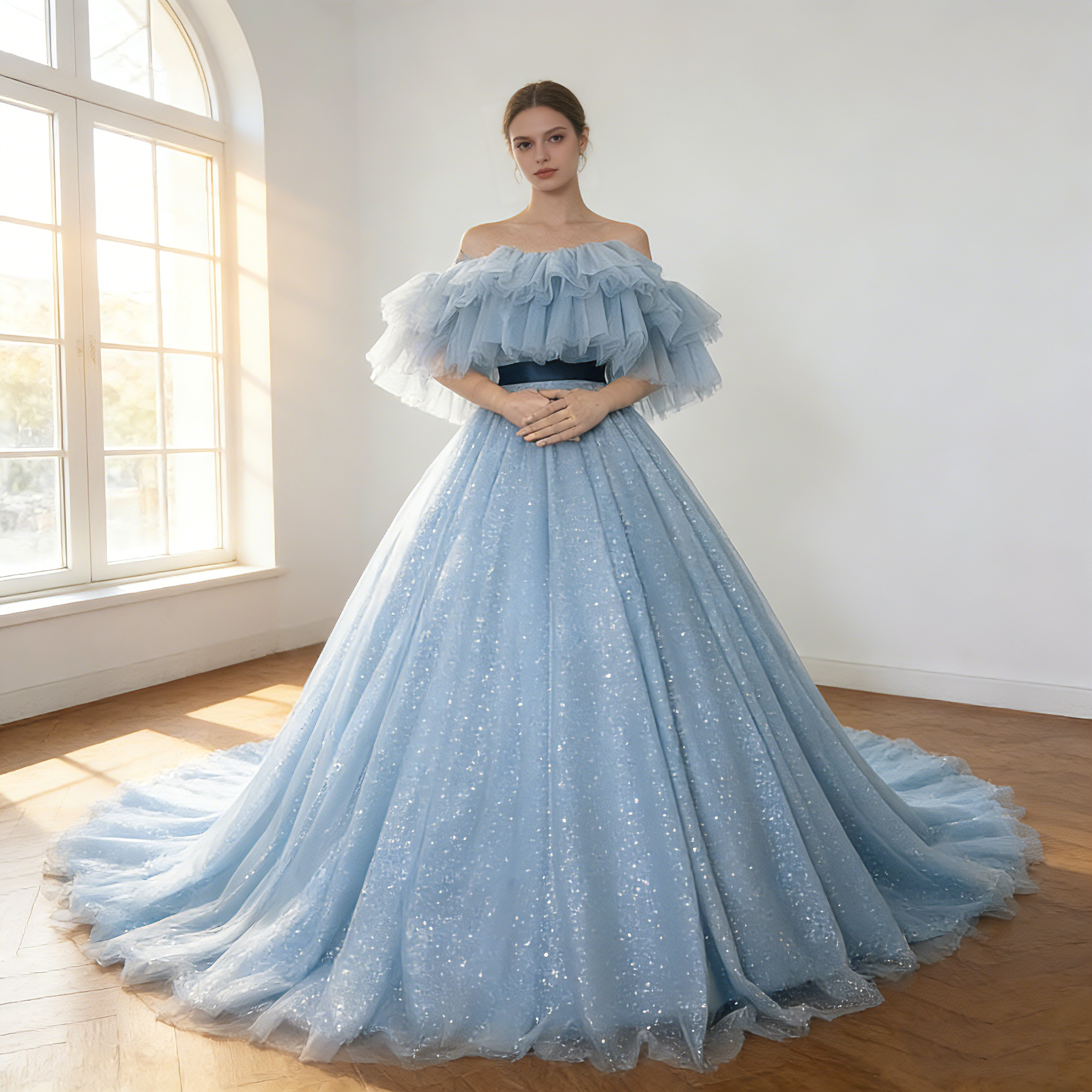 カラードレス  爽やかで優しいブルー 取り外し可能なオフショルダー シークインチュール サッシュベルト 華やかなトレーン