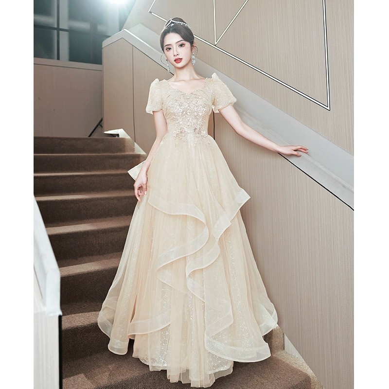 薄シャンパン色 半袖 ロング カラードレス 韓国風 プリンセス ウェディング パーティー 演奏会 二次会 AK264