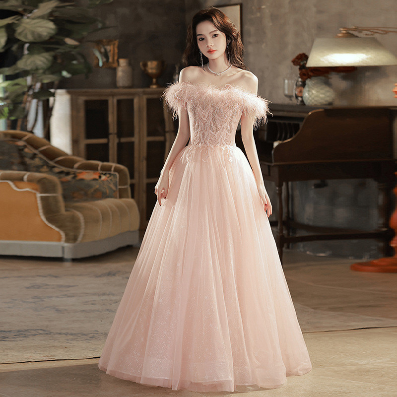 ピンク オフショルダー ロング カラードレス 綺麗 プリンセス ウェディング パーティー 演奏会 二次会 AK266