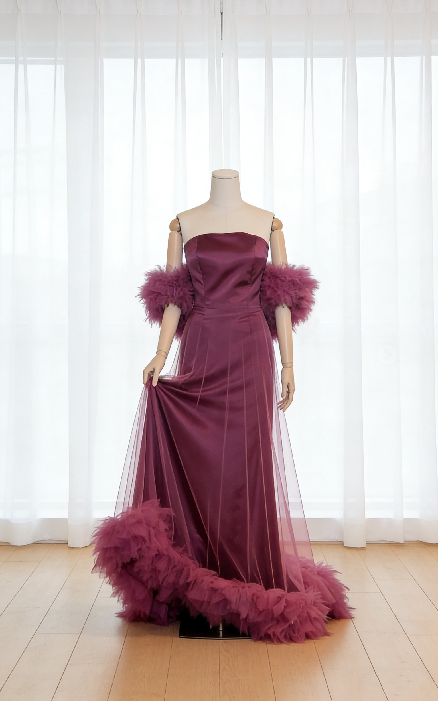 送料無料！カラードレス ケープ風ドレス マーメイドライン リボントレーン ベアトップ パープル 結婚式  花嫁 チュール