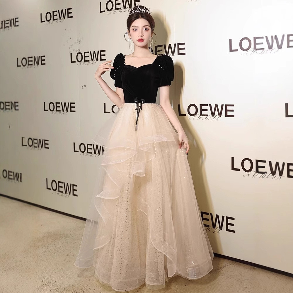 黒 半袖 ロング カラードレス 高級感 韓国風 プリンセス ウェディング パーティー 演奏会 二次会 AK269