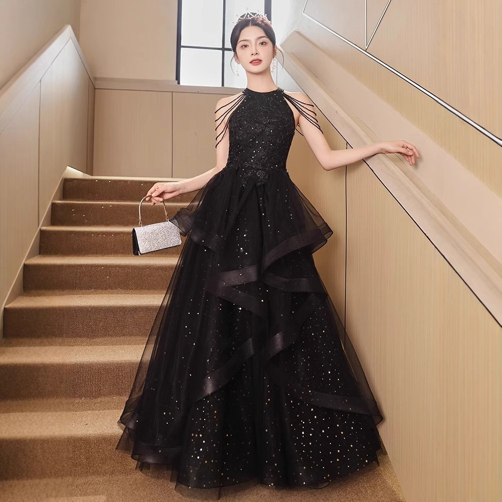 黒 オフショルダー きらきら ロング カラードレス 高級感 韓国風 ウェディング パーティー 演奏会 二次会 AK271