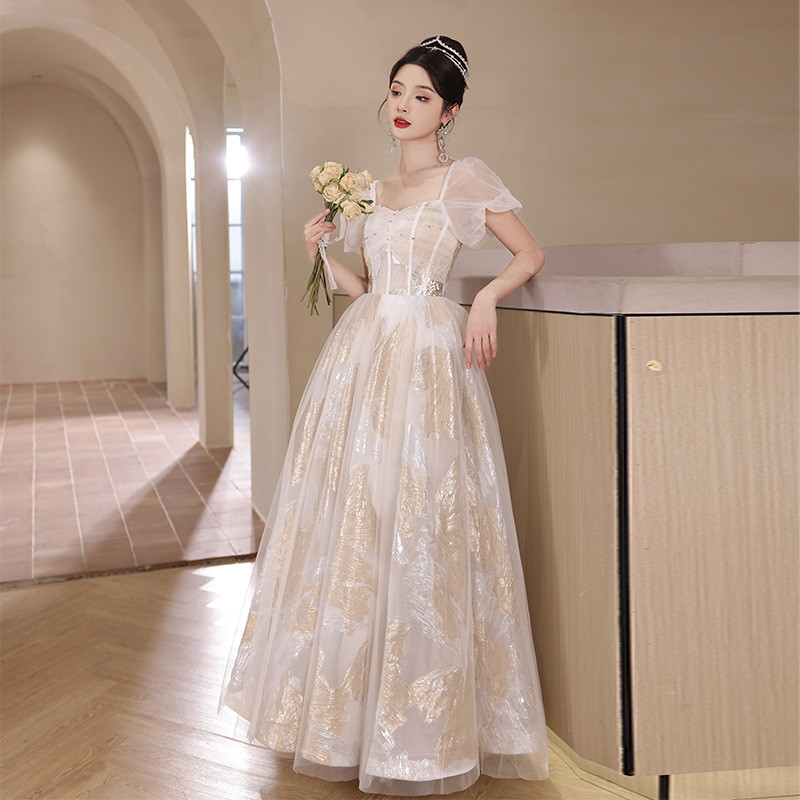 ベージュ パフスリーブ ロング カラードレス プリンセス 高級感 ウェディング パーティー 演奏会 二次会 AK273