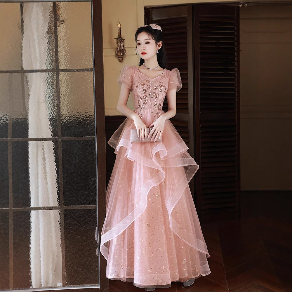 ピンク パフスリーブ ロング カラードレス プリンセス 高級感 ウェディング パーティー 演奏会 二次会 AK275