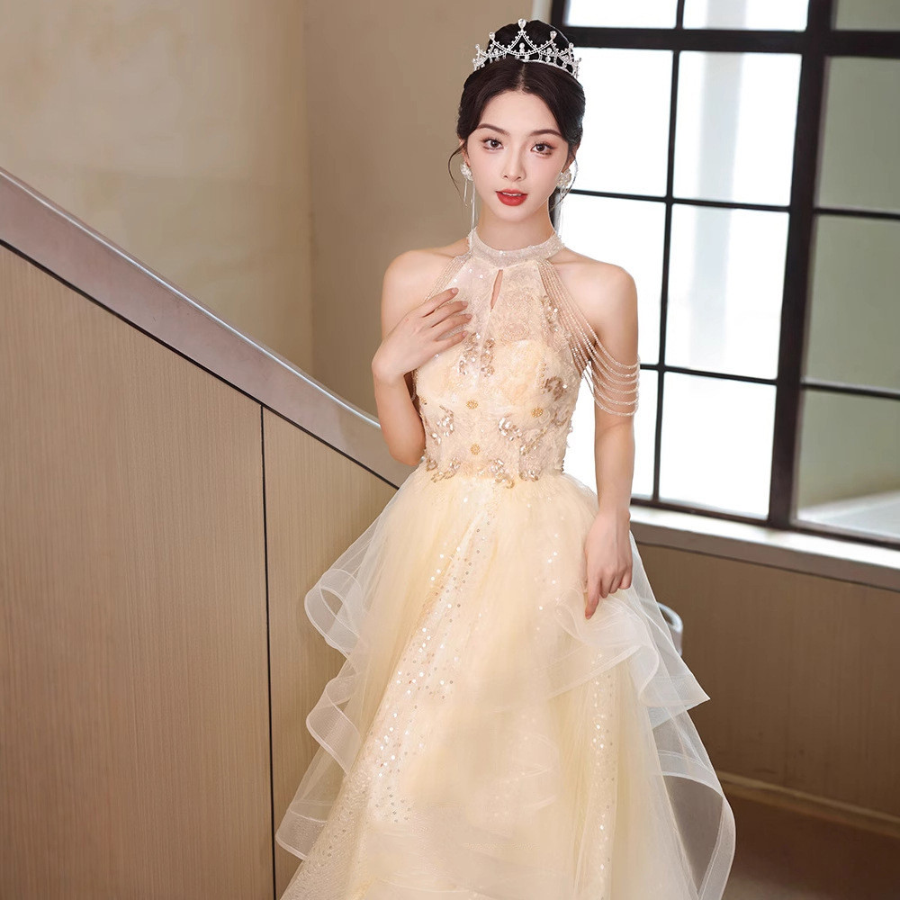 シャンパン色 オフショルダー ロング カラードレス プリンセス ウェディング パーティー 演奏会 二次会 AK276