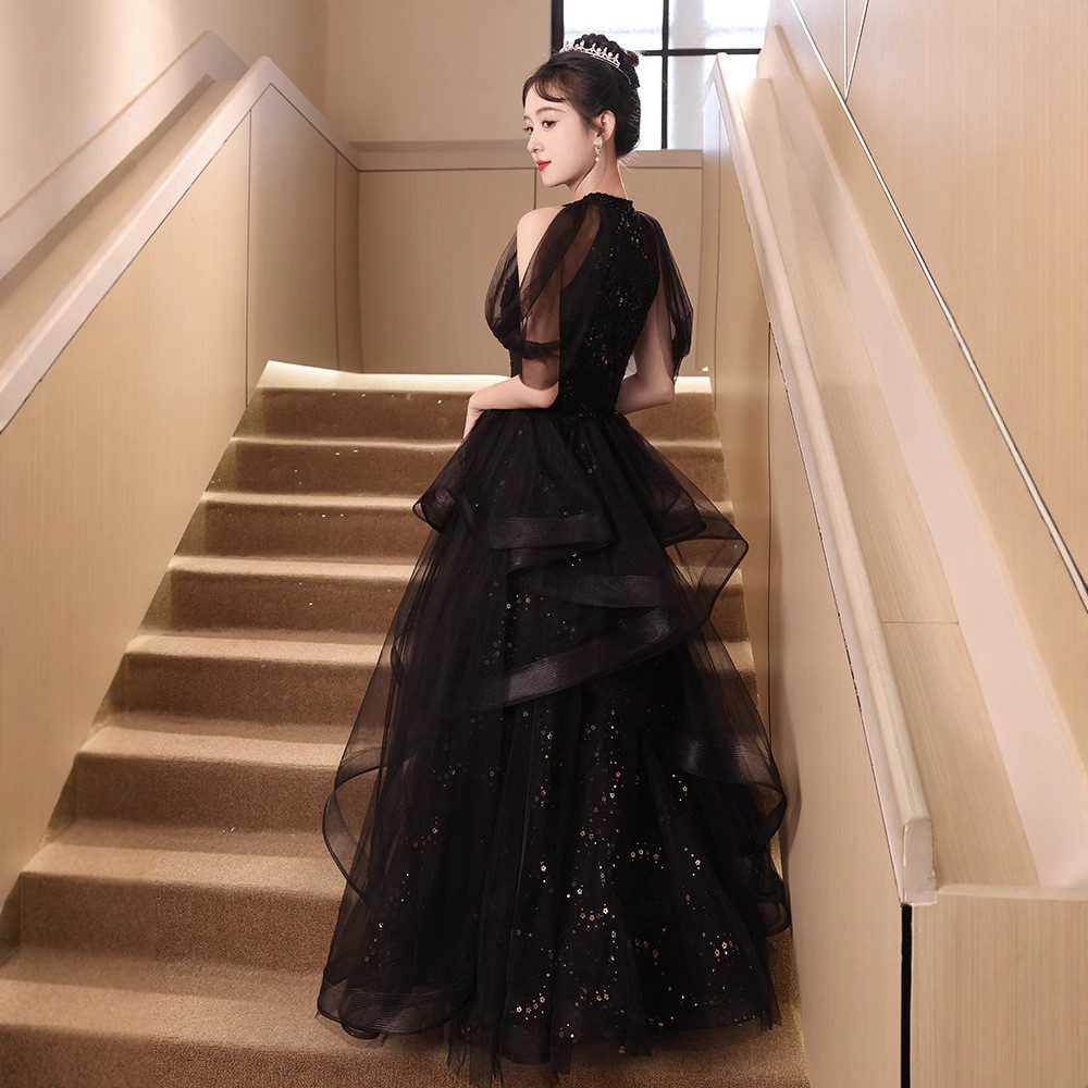 黒 スパンコール ロング カラードレス プリンセス 韓国風 ウェディング パーティー 誕生日 演奏会 二次会 AK277