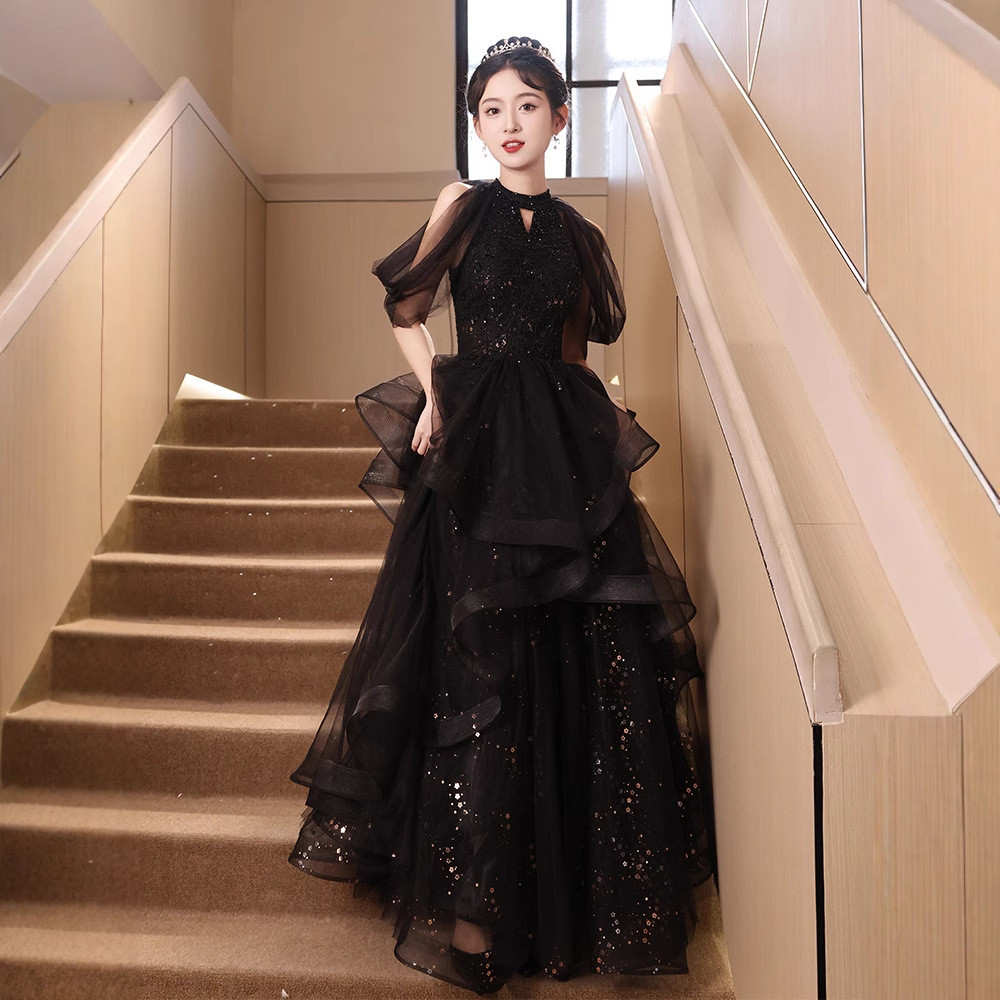 黒 スパンコール ロング カラードレス プリンセス 韓国風 ウェディング パーティー 誕生日 演奏会 二次会 AK277