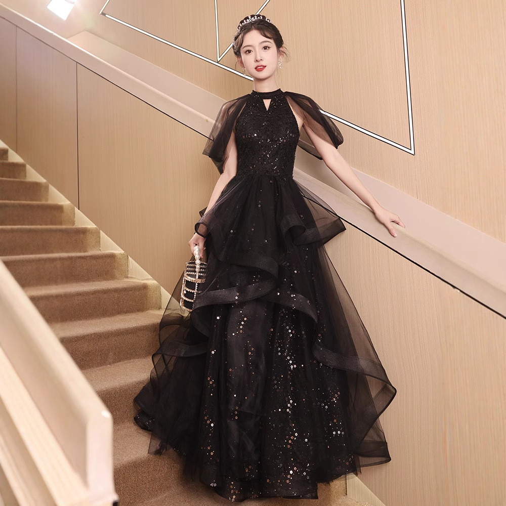 黒 スパンコール ロング カラードレス プリンセス 韓国風 ウェディング パーティー 誕生日 演奏会 二次会 AK277