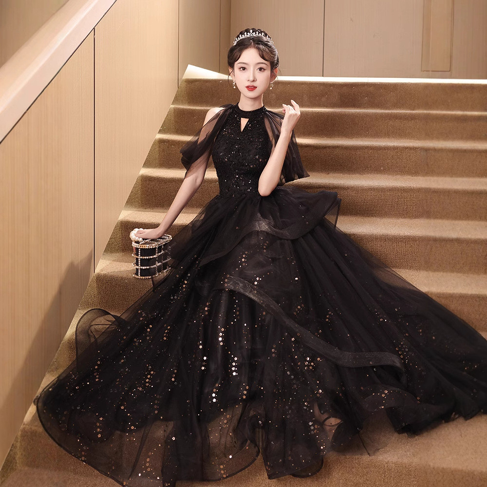 黒 スパンコール ロング カラードレス プリンセス 韓国風 ウェディング パーティー 誕生日 演奏会 二次会 AK277