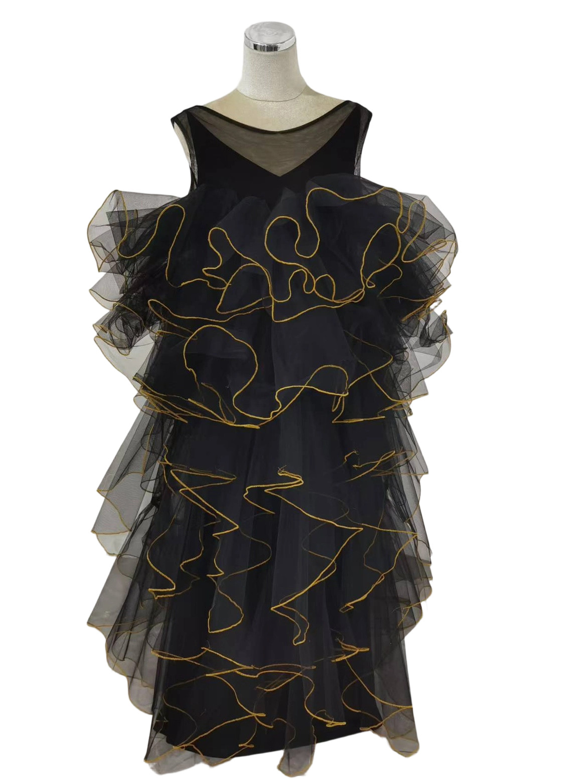 カラードレス ブラック ツーピース ノースリーブ 床付く ラッフルフリル デザイン感