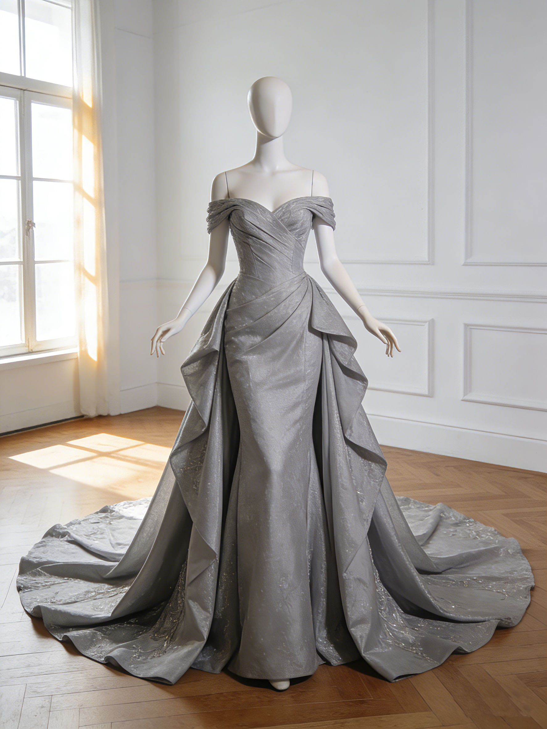 カラードレス  グレー   華やかなトレーン  オフショルダー ラッフルフリル  マーメイドライン   演奏会/音楽会