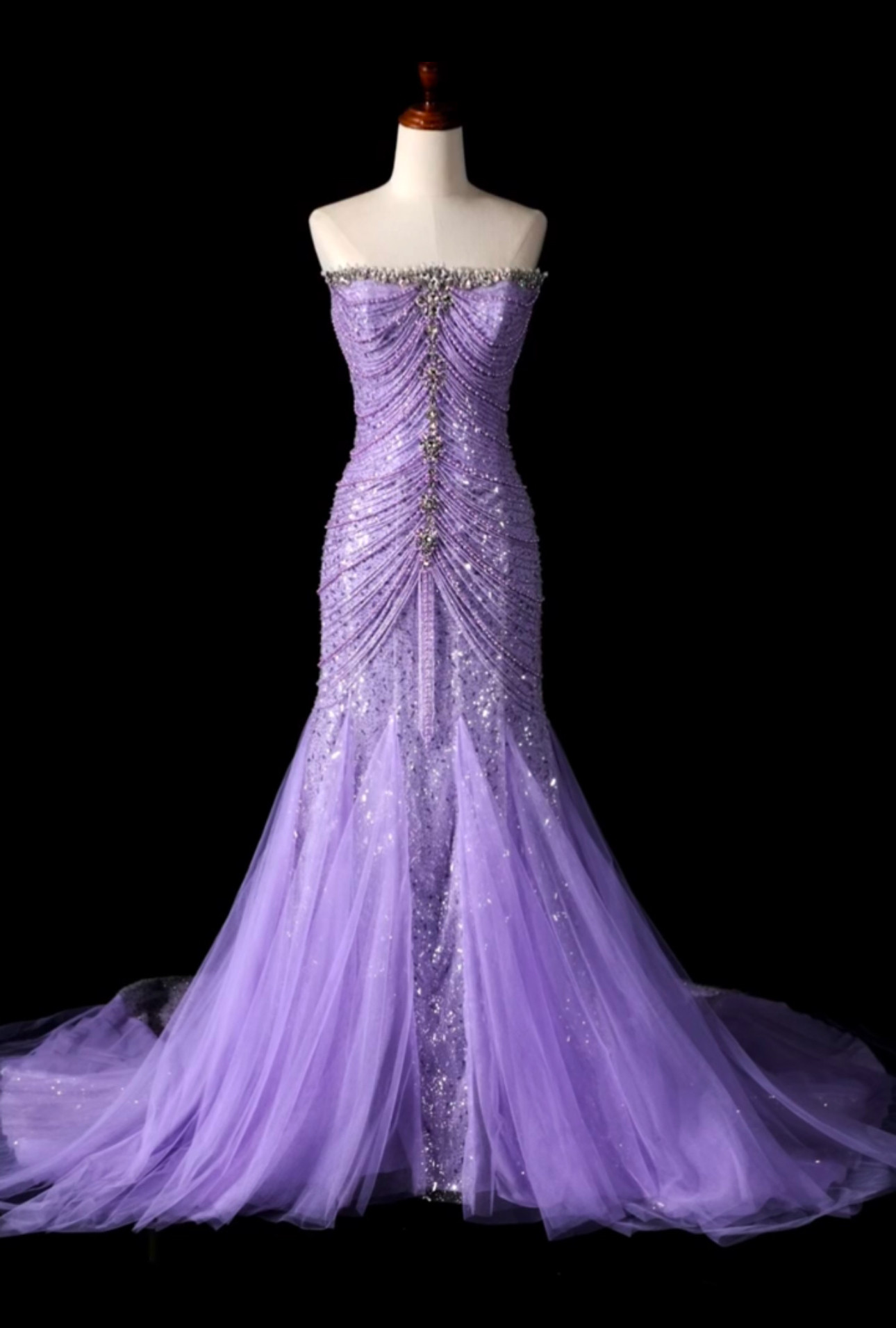 豪華！カラードレス　マーメイドドレス　紫ラベンダー色　キラキラ　ビジュ編み上げ　ソフトチュール　ウェディングドレス結婚式