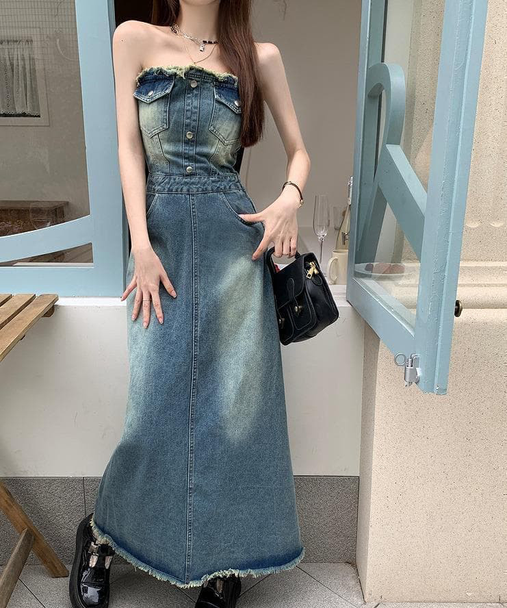 新品夏秋 大きいサイズ ダメージ加工デニム ワンピース ベアトップ 4Lロングt