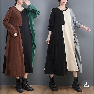 新品秋冬大きいサイズ ゆったりロングワンピース イレギュラー 3L バイカラーh