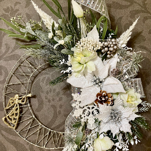 No.xmas-14491/クリスマスリース25-(7)ホワイト＆シルバー 53x40cm