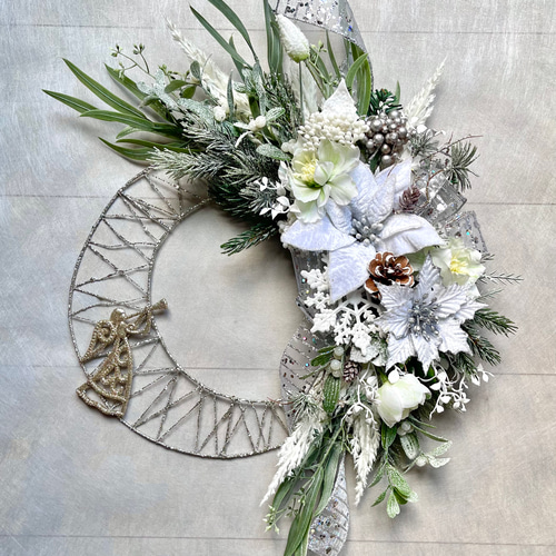 No.xmas-14491/クリスマスリース25-(7)ホワイト＆シルバー 53x40cm