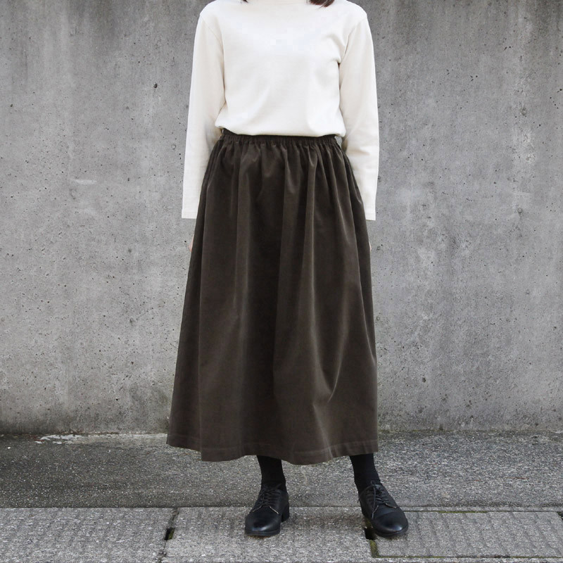 コーデュロイ ギャザースカート（カーキブラウン）ロング マキシ ポケット ダークカーキ