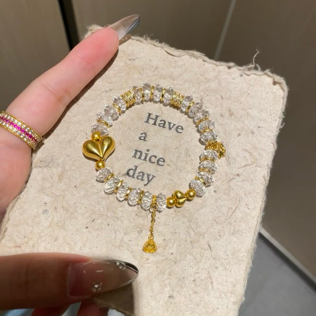 ゴールドカラー ミニハート×ホワイトクォーツ ビーズブレスレット