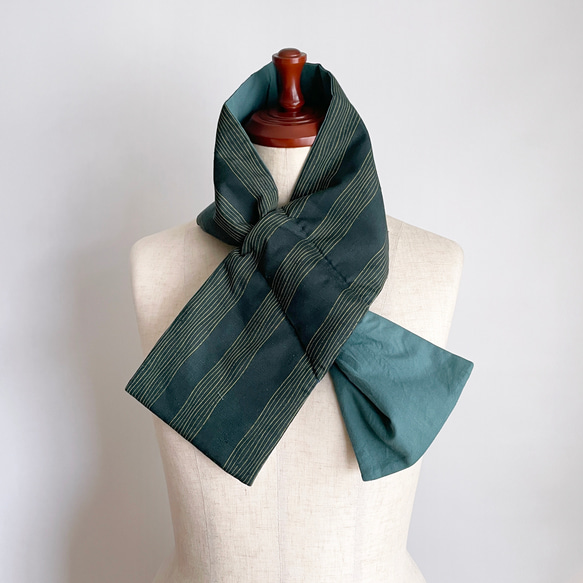 【1点もの】着物 襟巻き ネックウォーマー -絹着物地 紬 深緑に黄色のよろけ縞 & 新毛斯 鉄色 NW707 2枚目の画像