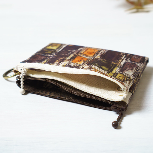 【受注制作】ダブルカードポーチ Ian Rhodes （イアン・ローズ）オレンジブラウン　リバティラミネート生地 2枚目の画像