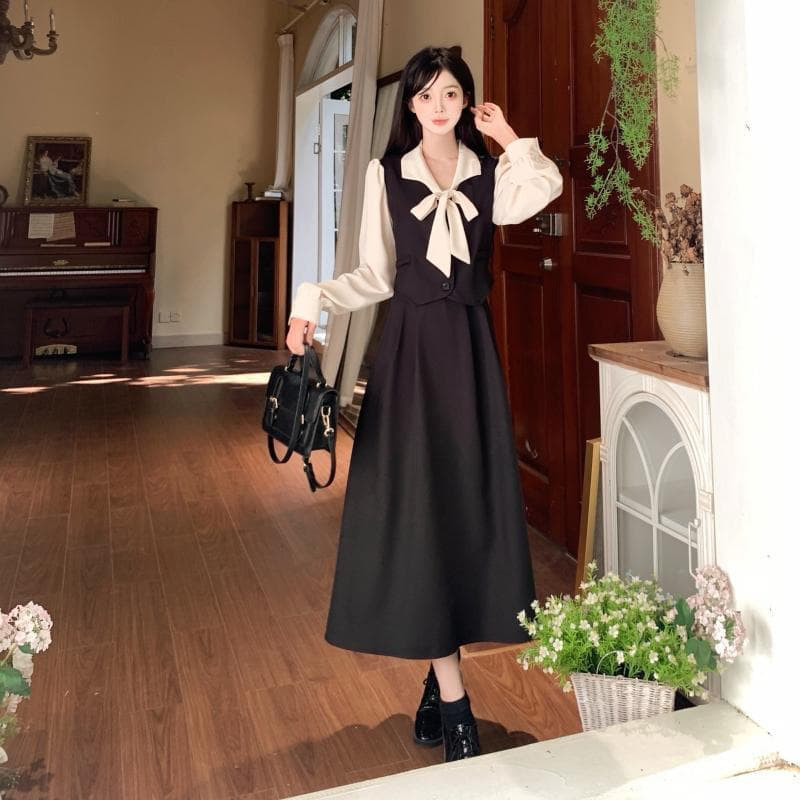 新品大きいサイズ 重ね着風リボン ワンピース ドレス☆新品秋冬黒長袖レディース