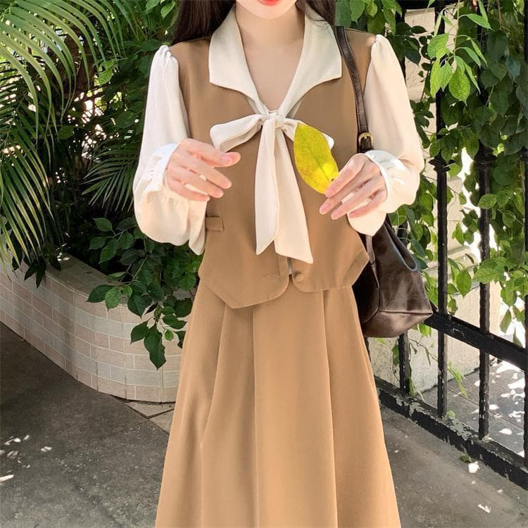 新品大きいサイズ 重ね着風リボン ワンピース ドレス☆新品秋冬黒長袖レディース