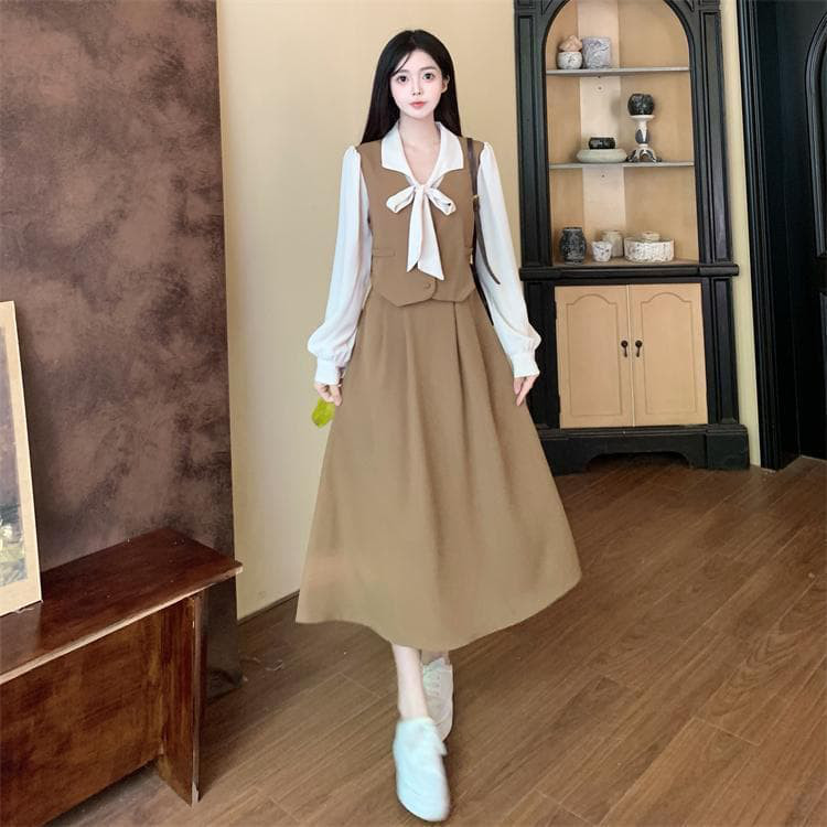 新品大きいサイズ 重ね着風リボン ワンピース ドレス☆新品秋冬黒長袖レディース