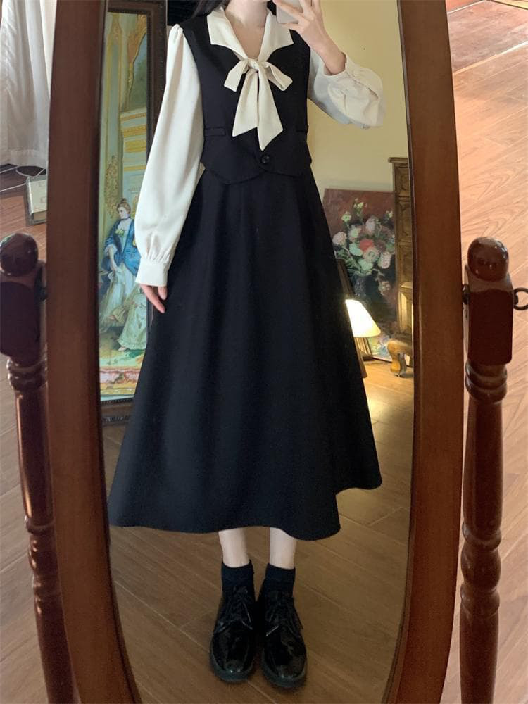 新品大きいサイズ 重ね着風リボン ワンピース ドレス☆新品秋冬黒長袖レディース