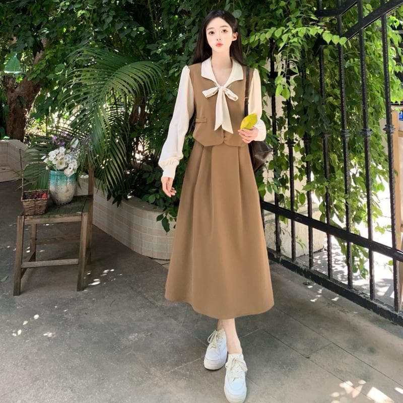 新品大きいサイズ 重ね着風リボン ワンピース ドレス☆新品秋冬黒長袖レディース