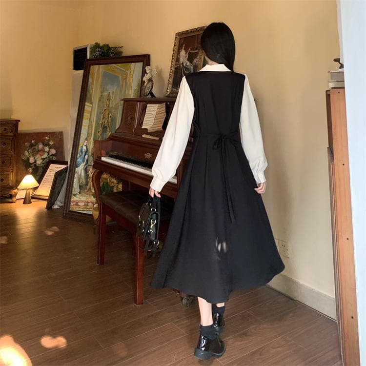 新品大きいサイズ 重ね着風リボン ワンピース ドレス☆新品秋冬黒長袖レディース