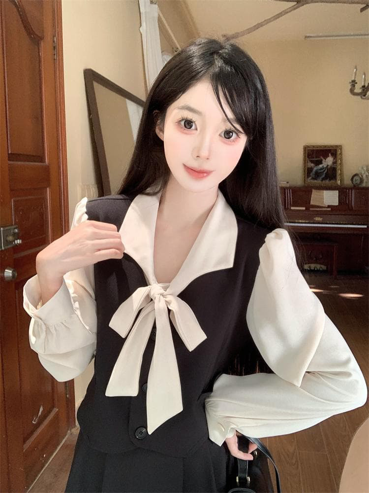 新品大きいサイズ 重ね着風リボン ワンピース ドレス☆新品秋冬黒長袖レディース