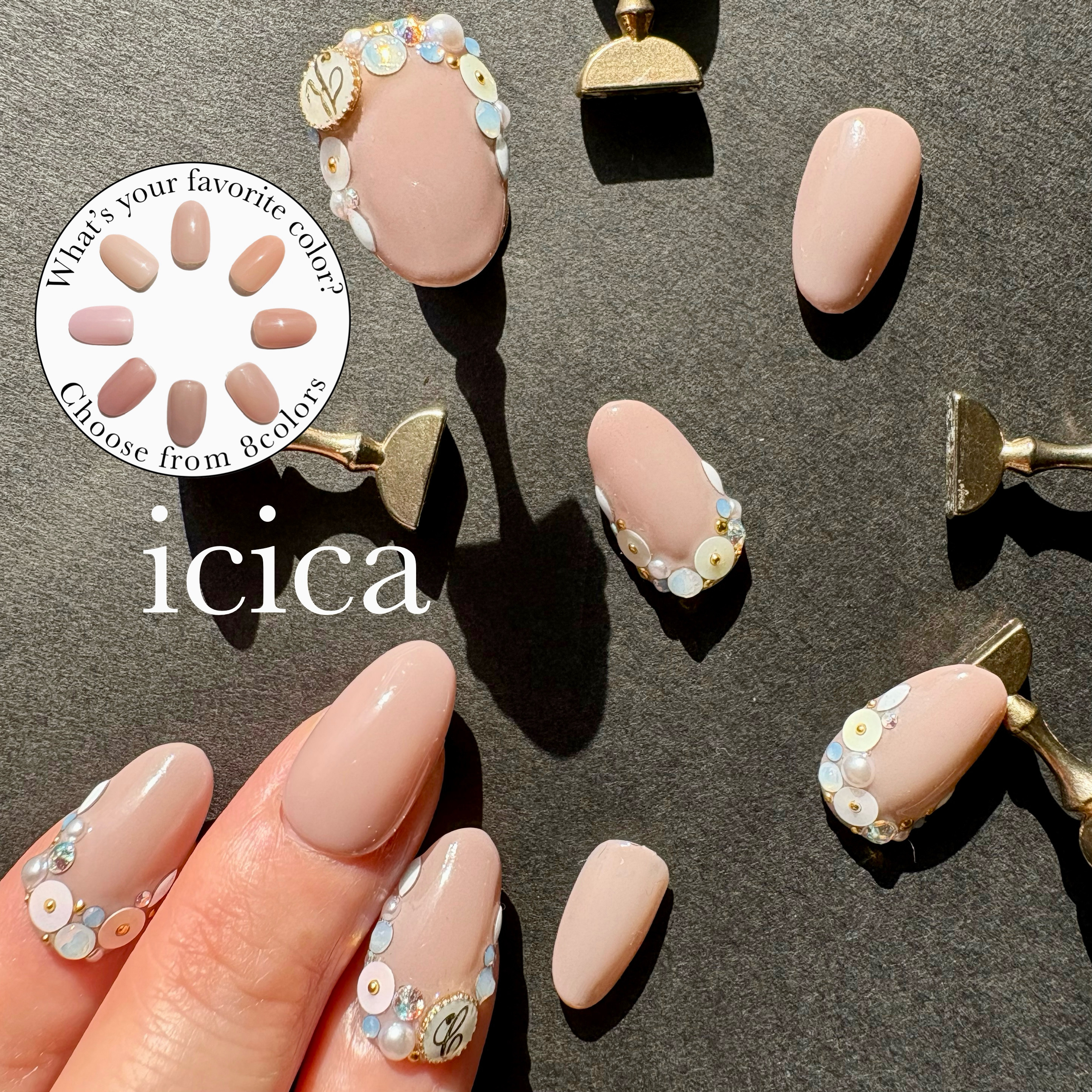 スパンコール×パールの上品ネイルチップ　ヌーディーピンク　ブライダルにもおすすめ