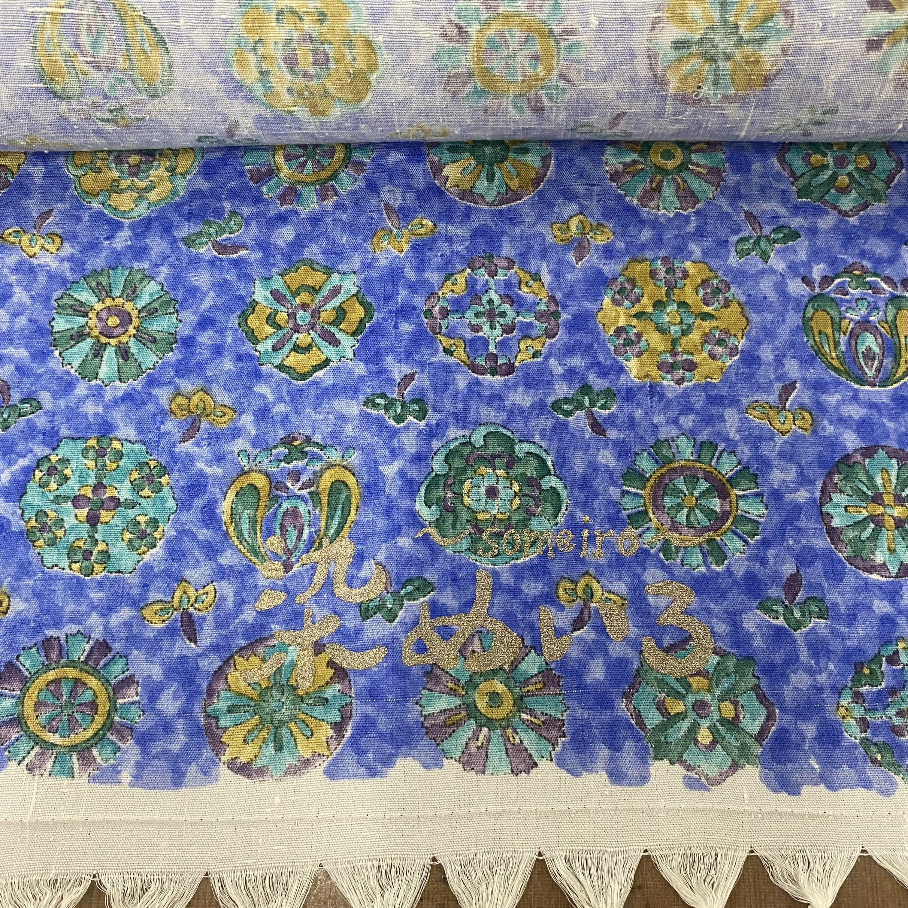 《未仕立て》手染め摺型友禅紬帯　全通京更紗柄【青】