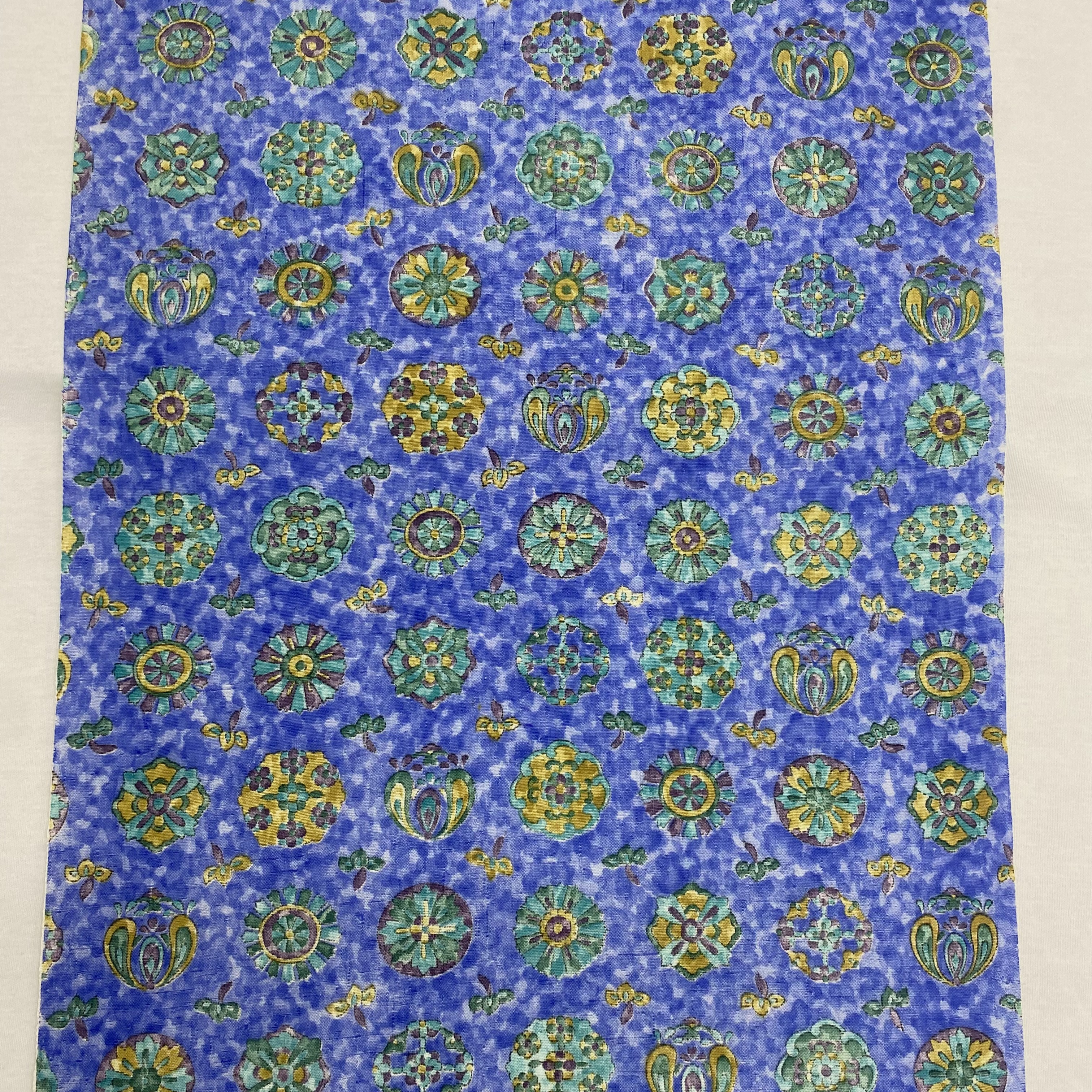 《未仕立て》手染め摺型友禅紬帯　全通京更紗柄【青】