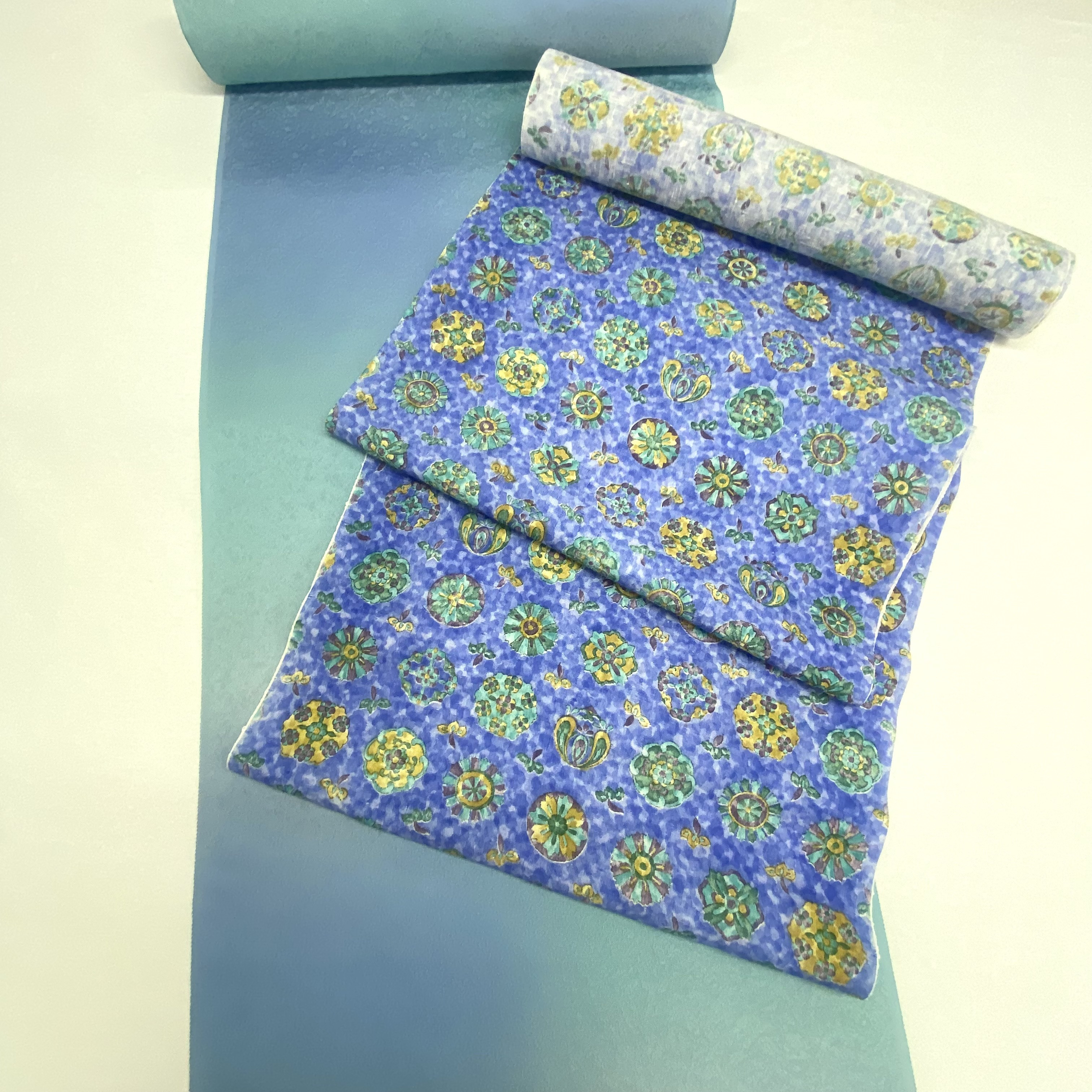 《未仕立て》手染め摺型友禅紬帯　全通京更紗柄【青】