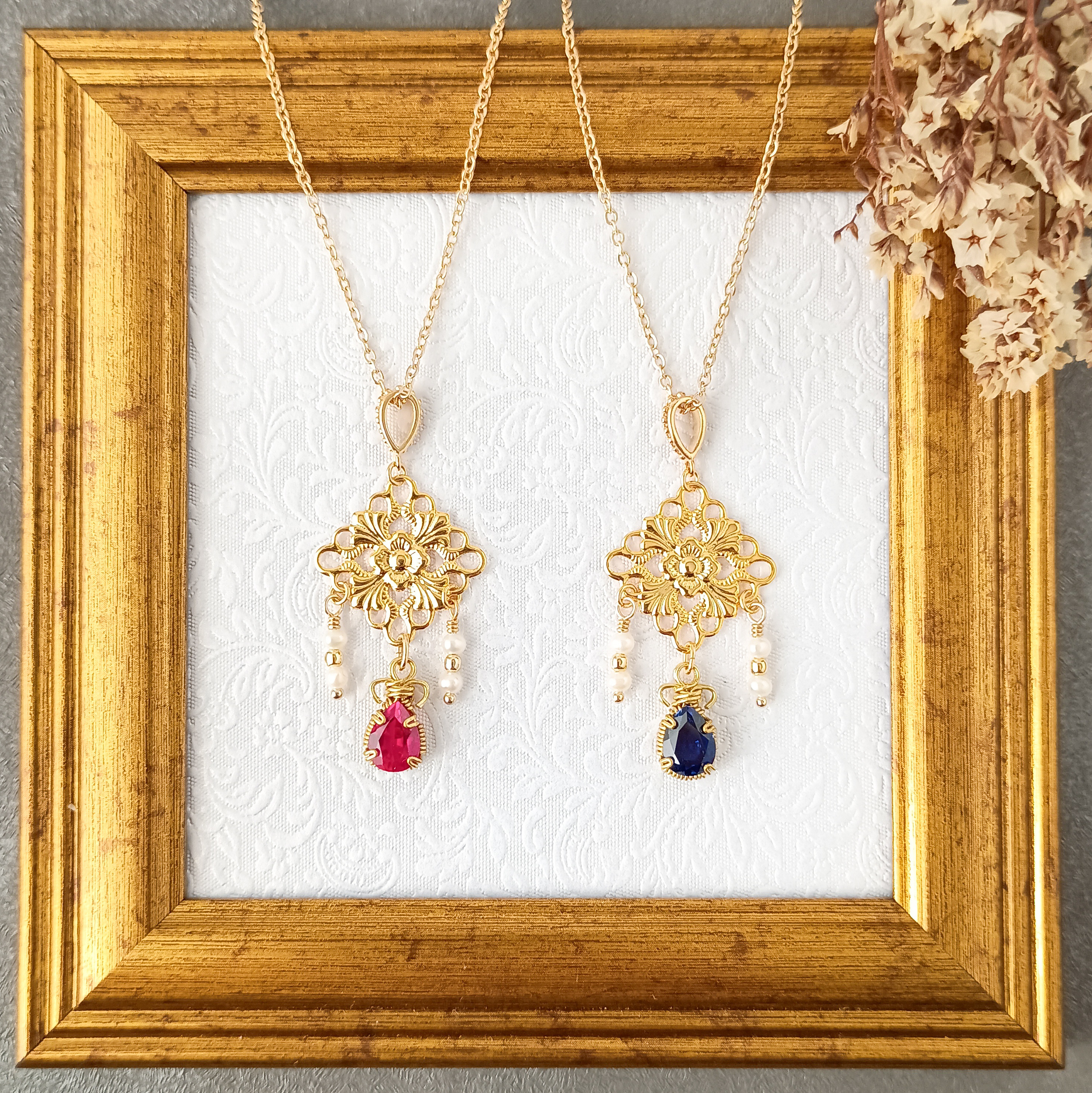 再結晶ルビー(７月誕生石)・再結晶サファイア(９月誕生石)ネックレス✦ワイヤーラッピング