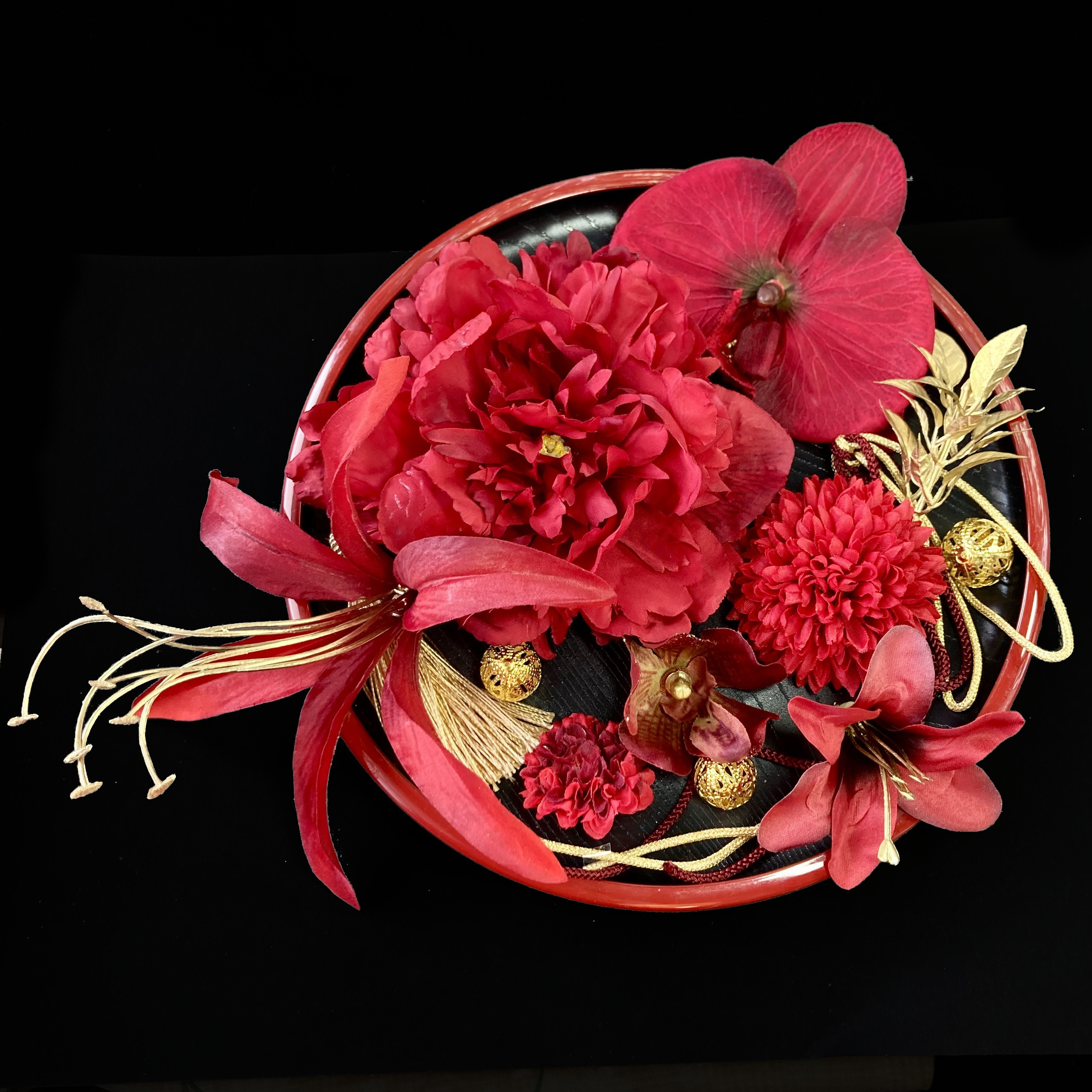 赤と金　胡蝶蘭 百合　カサブランカ　F　髪飾り  　選べる タッセル 結婚式 着物 成人式