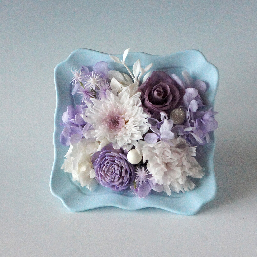 2Way花器で置いても立てても　「水色/M」　プリザーブドフラワー　仏花にも　受注制作