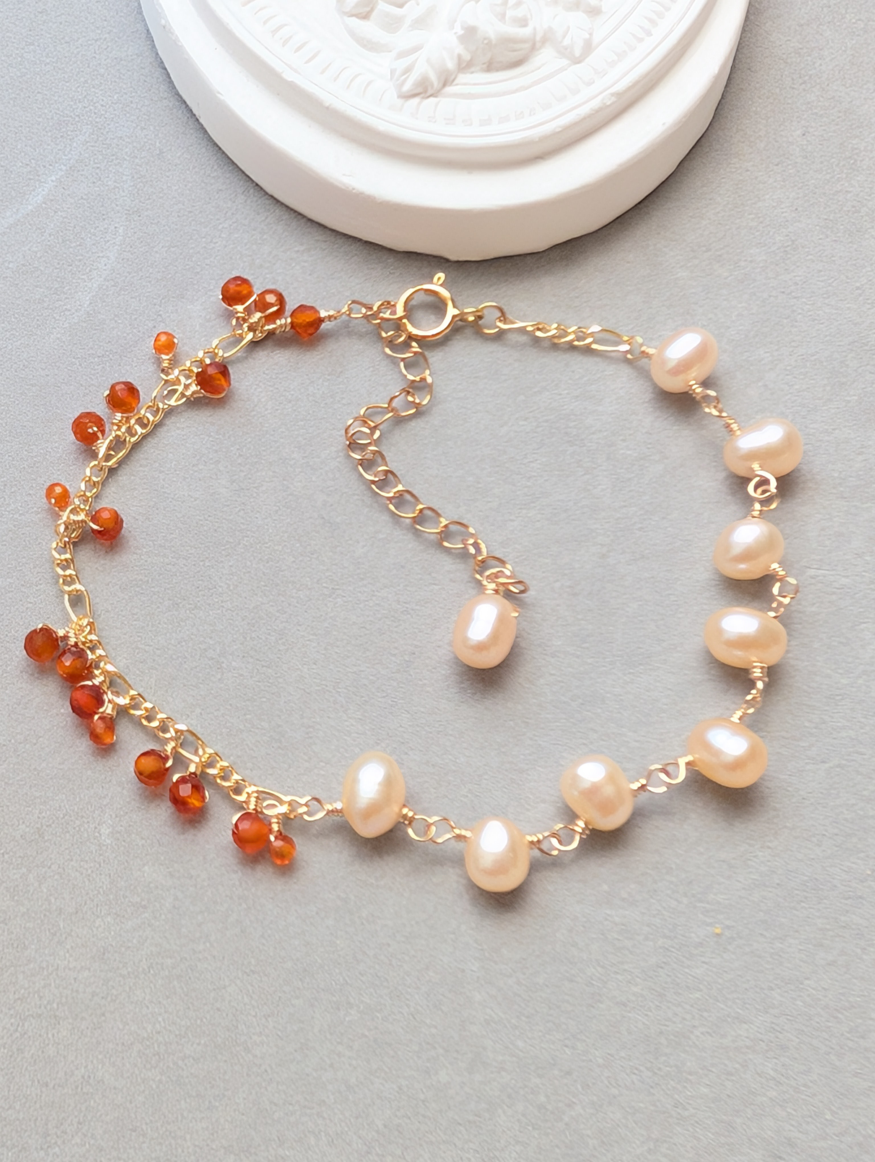 淡水パール×カーネリアンのブレスレット14kgf
