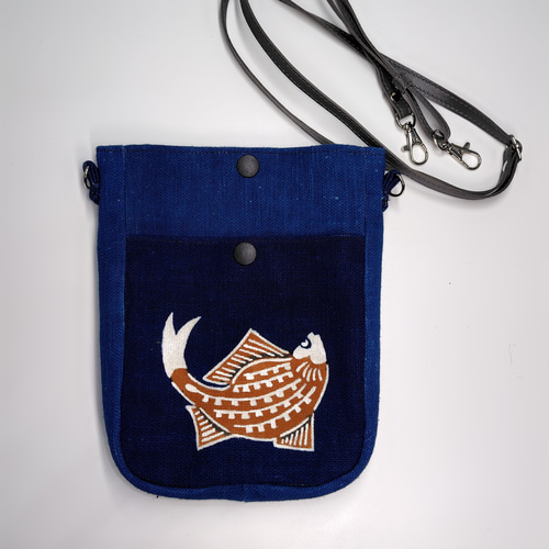 一点物｜型染め〈魚〉藍染ショルダーバッグ｜男女兼用・小ぶりサイズ